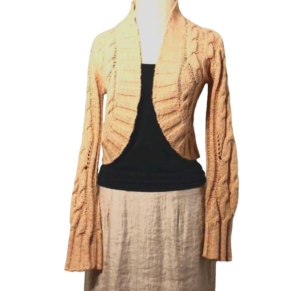 Bolero Knitted Cable Knit Sweater Size M PEACH Extra Long Sleeves Cropped Boho - Picture 9 of 16